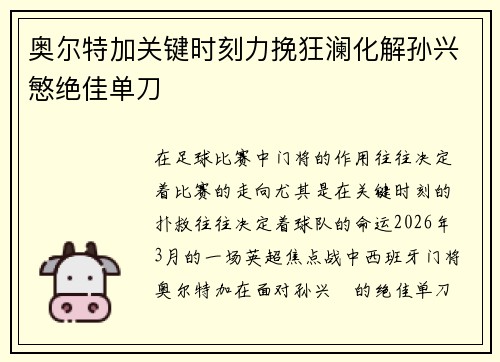 奥尔特加关键时刻力挽狂澜化解孙兴慜绝佳单刀