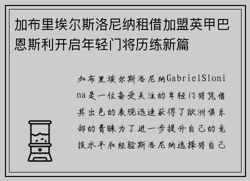 加布里埃尔斯洛尼纳租借加盟英甲巴恩斯利开启年轻门将历练新篇 加布里埃尔斯洛尼纳租借加盟英甲巴恩斯利开启年轻门将历练新篇