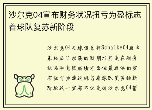 沙尔克04宣布财务状况扭亏为盈标志着球队复苏新阶段 沙尔克04宣布财务状况扭亏为盈标志着球队复苏新阶段